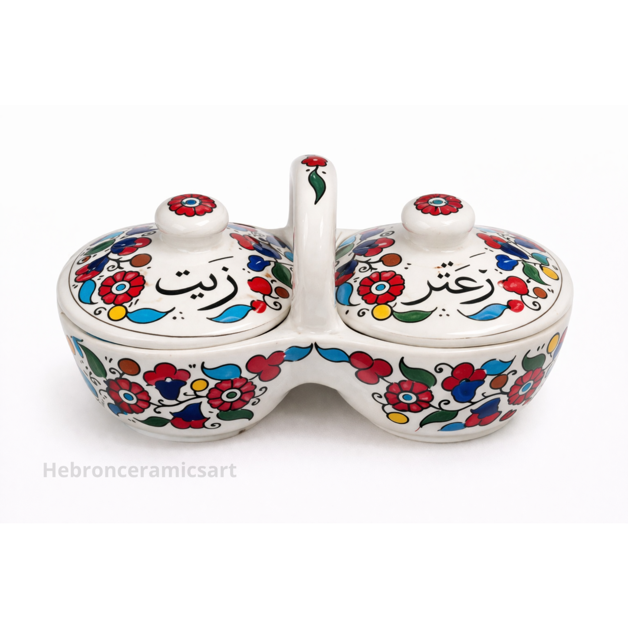 palestinian ceramic olive oil & za’atar set – floral design palestinian ceramic olive oil & za’atar set – floral design